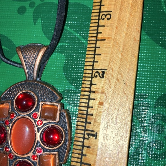 Necklace, copper base with 4 red glass stones, and 5 orange cat eyes $29 - Picture 6 of 13
